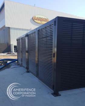 Madison fence company commercial fence contractors Wisconsin architectural mechanical screening screen louvered semi private private solid staggered board on board shadow box alternating ametco barnett and bates industrial louvers rooftop louvers beta orsogrill omega chillers generators truck wells outside storage condensors rooftop equipment patios trash dumpsters transformers HVAC courtyards pool equipment fence aluminum galvanized steel degree of openness direct visibility standalone wall louvers 