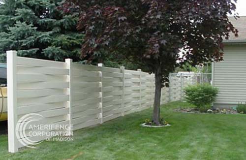 Madison Fence Contractor woven fence boards horizontal alternating pickets planks cedar vinyl Madison Fence Company